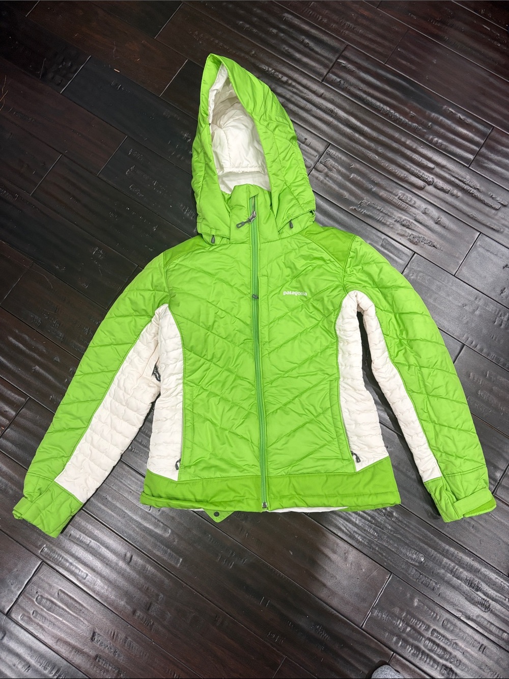 Patagonia Girls' Hooded Puffer Jacket - Bright Green & White Panels
